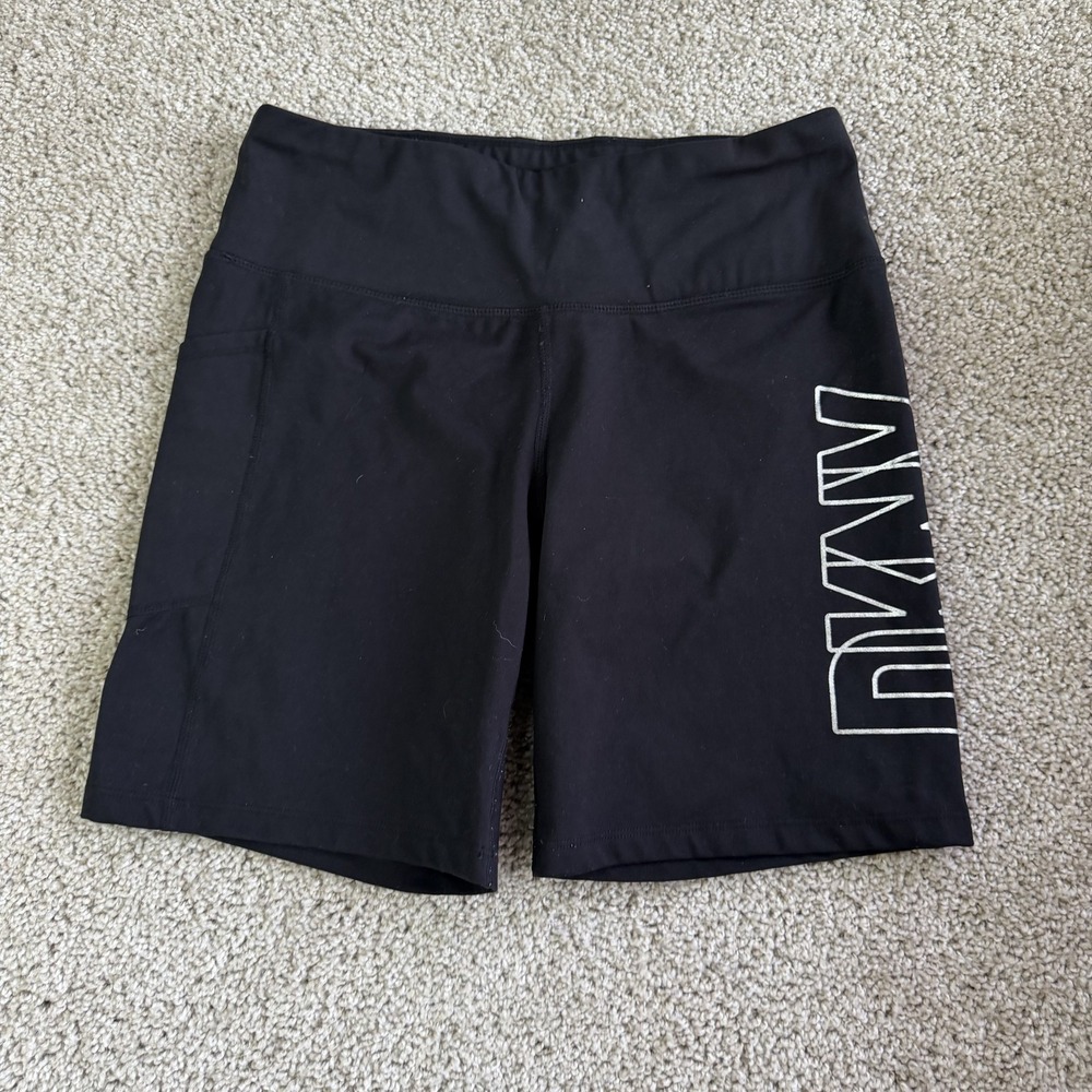 DKNY Bike Shorts Womens Large Black High Rise 8" Inseam Pockets Athletic Stretch